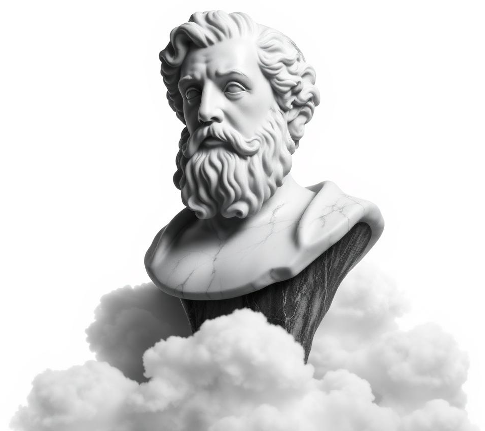 Marble philosopher bust rising from cloud