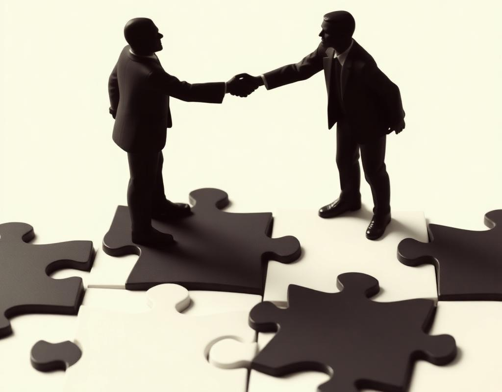 Silhouettes shaking hands on jigsaw pieces